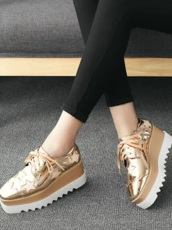 Women's Gold Lace Up Oxfords Platform Shoes Casual Shoes