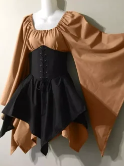Women's Gothic Medieval Costume Flared Sleeves Shirt Corset Skirt Set