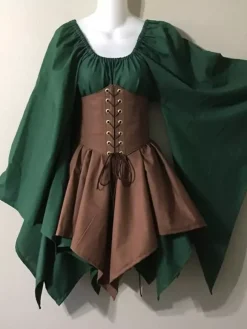 Women's Gothic Medieval Costume Flared Sleeves Shirt Corset Skirt Set
