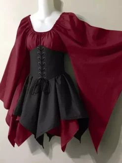 Women's Gothic Medieval Costume Flared Sleeves Shirt Corset Skirt Set