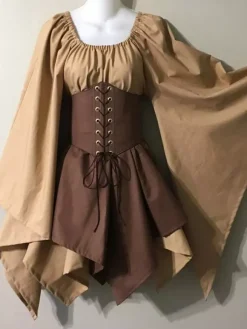 Women's Gothic Medieval Costume Flared Sleeves Shirt Corset Skirt Set