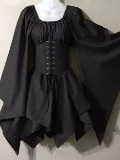 Women's Gothic Medieval Costume Flared Sleeves Shirt Corset Skirt Set