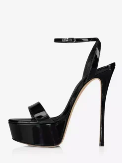 Women's Heel Sandals Nude Genuine Leather Platform Stiletto Heeled Ankle Strap Dress Sandals