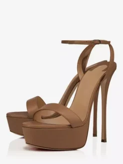 Women's Heel Sandals Nude Genuine Leather Platform Stiletto Heeled Ankle Strap Dress Sandals