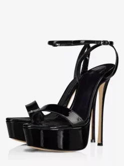 Women's Heel Sandals Nude Genuine Leather Platform Stiletto Heeled Ankle Strap Dress Sandals