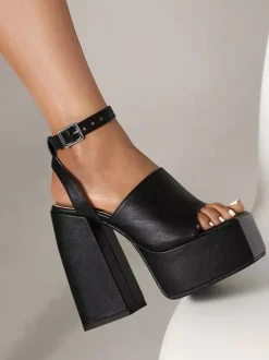 Women's Heel Sandals Square Toe Chunky Heel Faux Leather Sandals