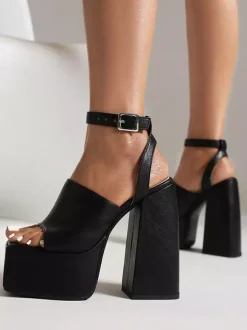Women's Heel Sandals Square Toe Chunky Heel Faux Leather Sandals