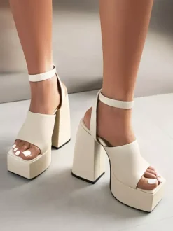 Women's Heel Sandals Square Toe Chunky Heel Faux Leather Sandals