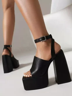 Women's Heel Sandals Square Toe Chunky Heel Faux Leather Sandals
