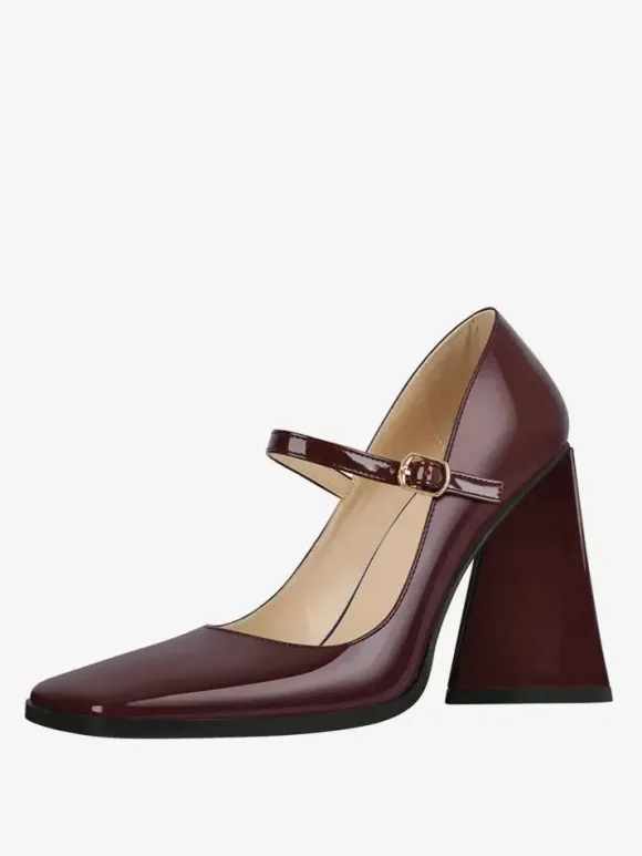 Women's Heels Slip-On Buckle Pumps Chic Square Toe Chunky Heel PU Leather