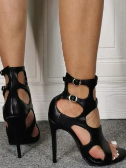 Womens High Heel Sandals Black Cut Out Stiletto Heel Sandals