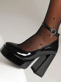 Women's High Heels Black Round Toe Chunky Heel Ankle Strap Pumps