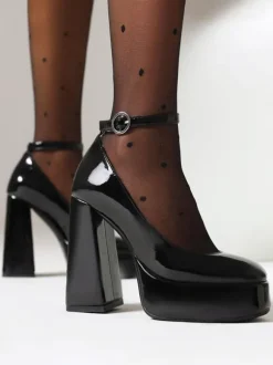 Women's High Heels Black Round Toe Chunky Heel Ankle Strap Pumps