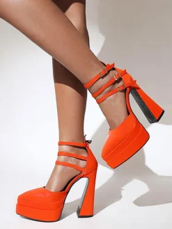 Women's High Heels Pointed Toe Platform Chunky Heel Patent PU Ankle Strap Pumps