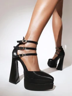 Women's High Heels Pointed Toe Platform Chunky Heel Patent PU Ankle Strap Pumps