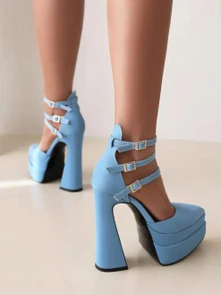 Women's High Heels Pointed Toe Platform Chunky Heel Patent PU Ankle Strap Pumps