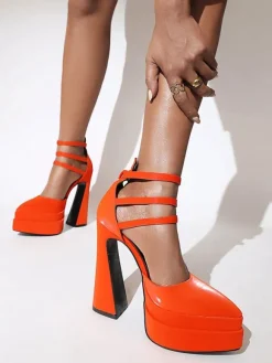 Women's High Heels Pointed Toe Platform Chunky Heel Patent PU Ankle Strap Pumps
