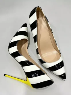 Women's High Heels Pointed Toe Striped Slip On Pumps