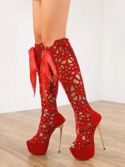 Women's Hollow Out Lace Up Summer Knee High Boots with Platform