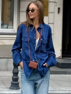 Women's Jackets Turndown Collar Front Button Casual Buttons Blue Jacket For Women