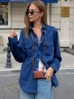 Women's Jackets Turndown Collar Front Button Casual Buttons Blue Jacket For Women