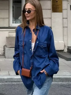 Women's Jackets Turndown Collar Front Button Casual Buttons Blue Jacket For Women