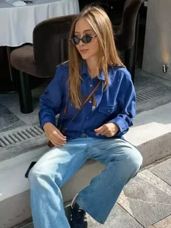 Women's Jackets Turndown Collar Front Button Casual Buttons Blue Jacket For Women