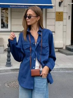 Women's Jackets Turndown Collar Front Button Casual Buttons Blue Jacket For Women