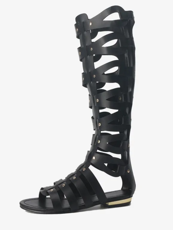 Women's Knee High Gladiator Sandals Open Toe Flat Sandals with Studs
