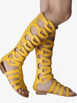 Women's Knee High Gladiator Sandals Open Toe Flat Sandals with Studs