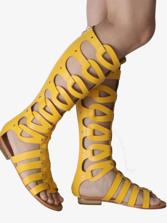 Women's Knee High Gladiator Sandals Open Toe Flat Sandals with Studs