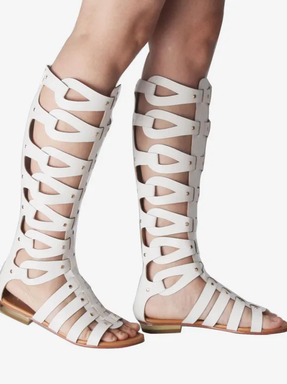 Women's Knee High Gladiator Sandals Open Toe Flat Sandals with Studs