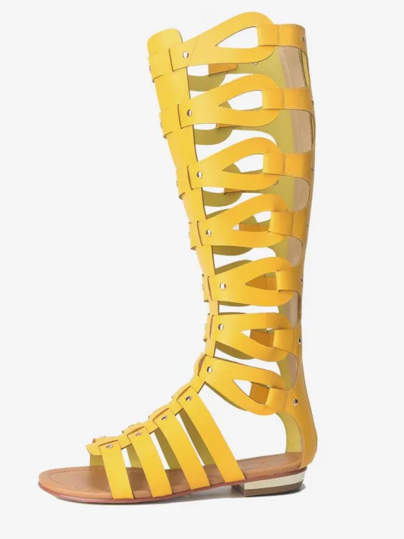 Women's Knee High Gladiator Sandals Open Toe Flat Sandals with Studs