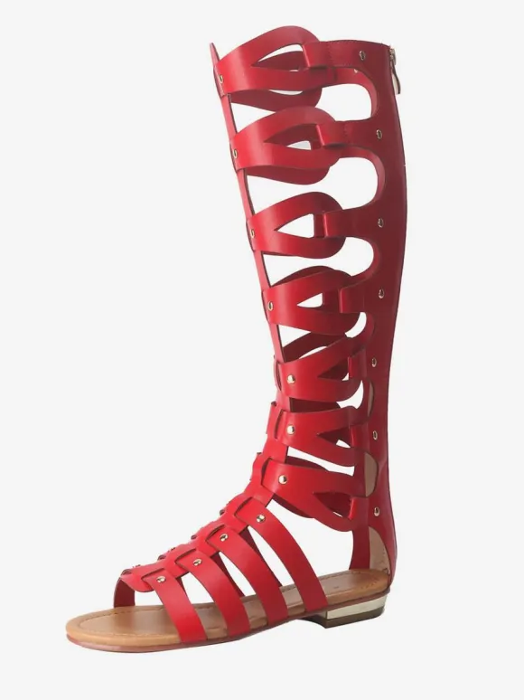 Women's Knee High Gladiator Sandals Open Toe Flat Sandals with Studs