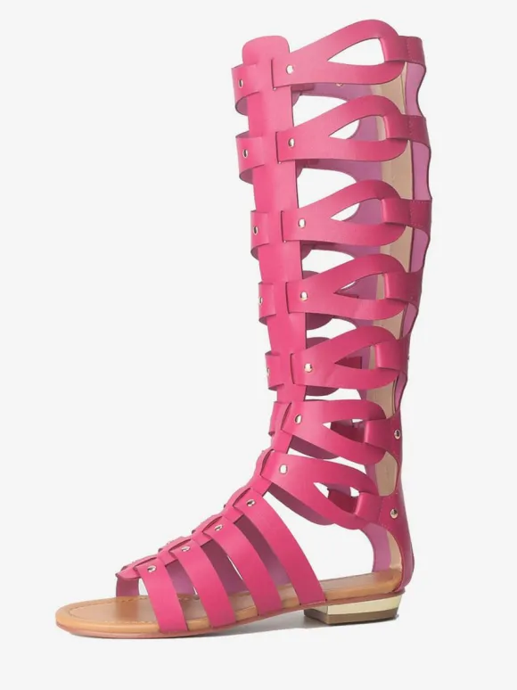 Women's Knee High Gladiator Sandals Open Toe Flat Sandals with Studs
