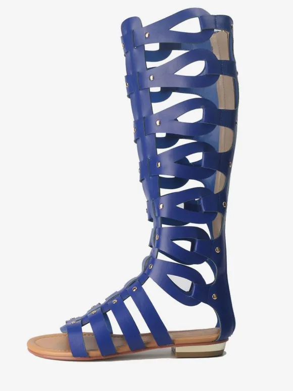 Women's Knee High Gladiator Sandals Open Toe Flat Sandals with Studs