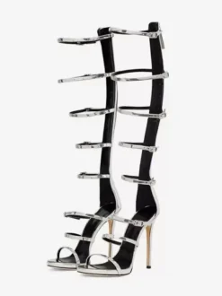Women's Knee High Gladiator Sandals Black Open Toe Buckle Detail Strappy High Heel Sandal Shoes