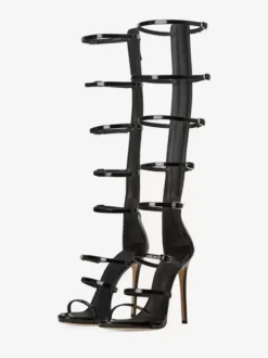 Women's Knee High Gladiator Sandals Black Open Toe Buckle Detail Strappy High Heel Sandal Shoes