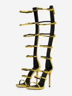 Women's Knee High Gladiator Sandals Black Open Toe Buckle Detail Strappy High Heel Sandal Shoes