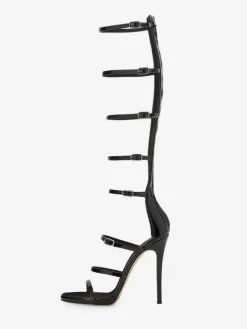 Women's Knee High Gladiator Sandals Black Open Toe Buckle Detail Strappy High Heel Sandal Shoes