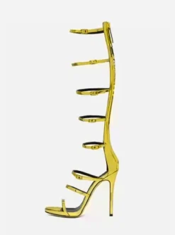 Women's Knee High Gladiator Sandals Black Open Toe Buckle Detail Strappy High Heel Sandal Shoes