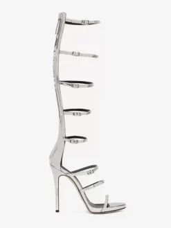 Women's Knee High Gladiator Sandals Black Open Toe Buckle Detail Strappy High Heel Sandal Shoes