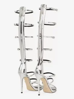 Women's Knee High Gladiator Sandals Black Open Toe Buckle Detail Strappy High Heel Sandal Shoes