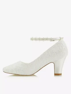 Women's Lace Ankle Strap Wedding Shoes Chunky Heel Pumps