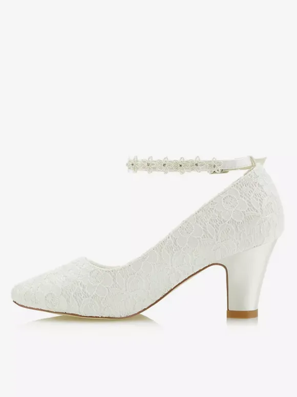 Women's Lace Ankle Strap Wedding Shoes Chunky Heel Pumps