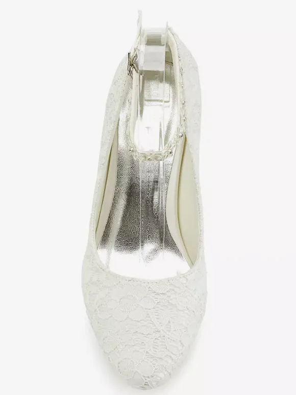 Women's Lace Ankle Strap Wedding Shoes Chunky Heel Pumps