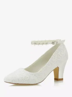 Women's Lace Ankle Strap Wedding Shoes Chunky Heel Pumps