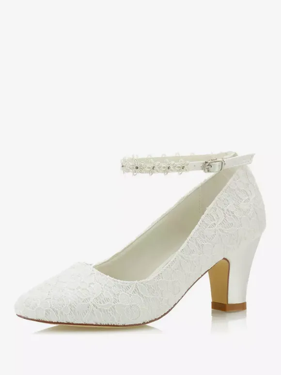 Women's Lace Ankle Strap Wedding Shoes Chunky Heel Pumps