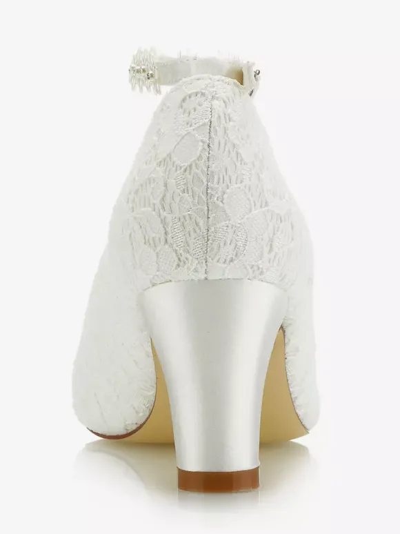 Women's Lace Ankle Strap Wedding Shoes Chunky Heel Pumps