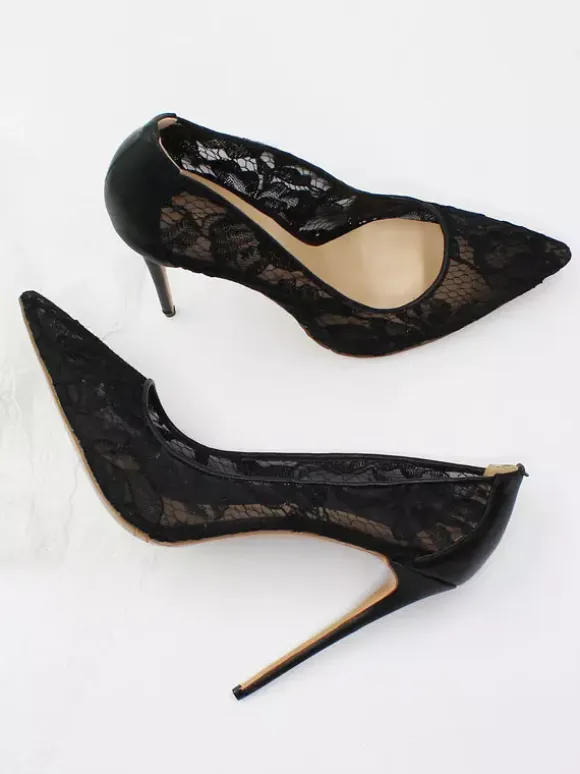 Women's Lace Bridal Pumps Stiletto Heel Pointy Toe Black Heels
